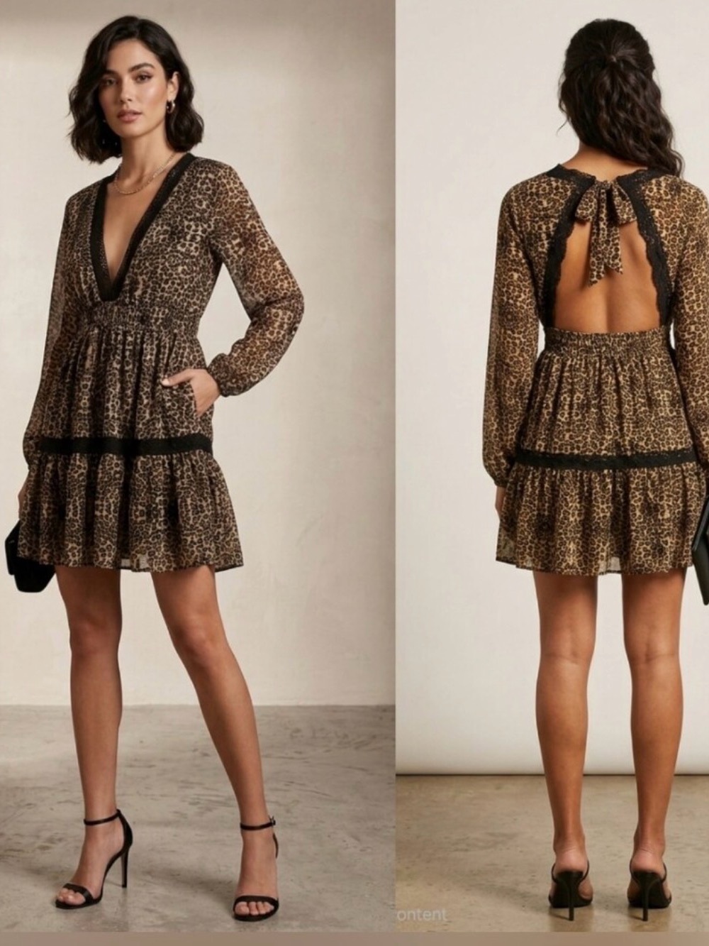 Kendall & Kylie Brown Leopard Print V‑Neck Tiered Mini Dress
